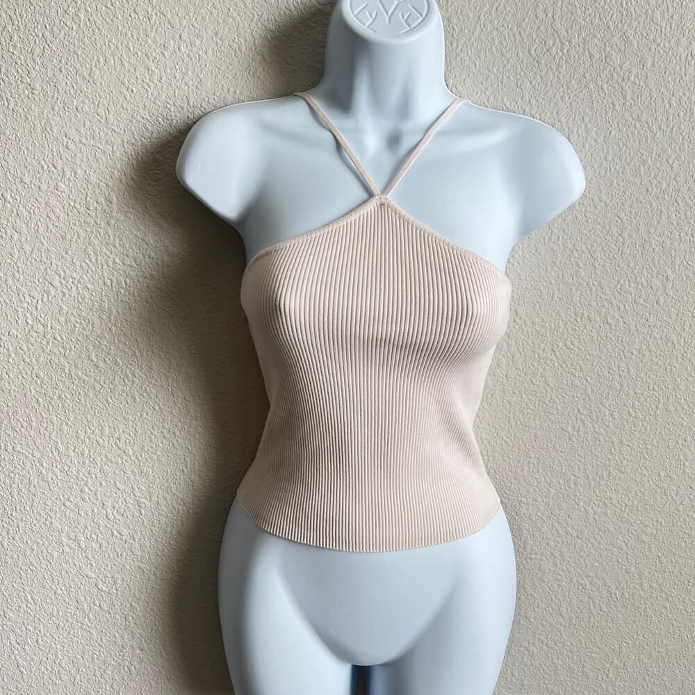 Zara Cream Ribbed Knit Halter Crop Top Women's Small Stretchy